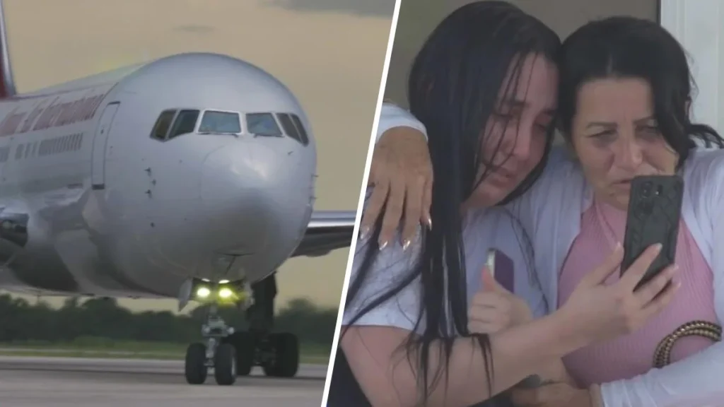 dos mujeres llorando y un avion al lado