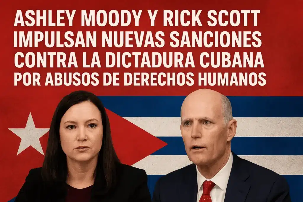 Ashley Moody and Rick Scott promote new sanctions against the Cuban dictatorship for human rights abuses, with a Cuban flag backdrop.