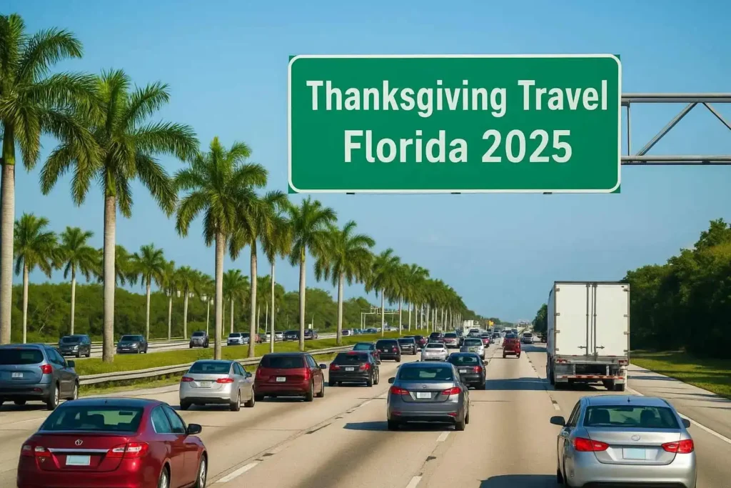 Highway scene with traffic and palm trees, featuring a sign for "Thanksgiving Travel Florida 2025."