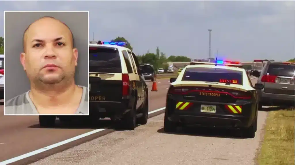 Artista cubano “El Insurrecto” bajo custodia de ICE en Florida Highway scene with two state trooper cars, lights flashing, parked on the roadside. Inset shows an unidentified man