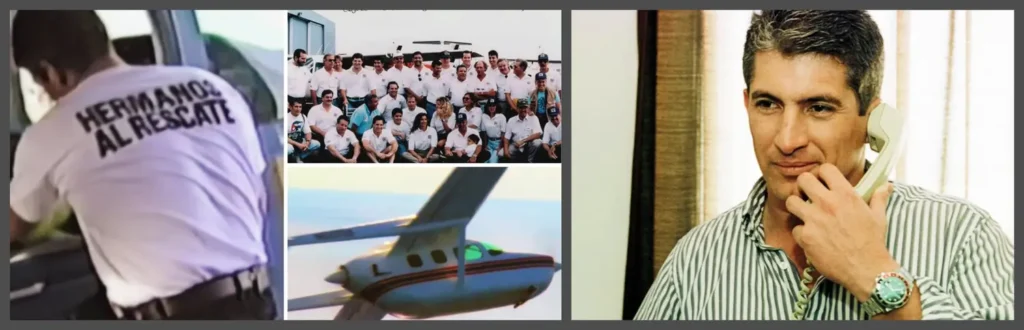 Muere el exespía cubano Juan Pablo Roque a los 70 años A rescue team member in a shirt reading "Hermanos al Rescate," a group photo of the team, and an airplane in flight.