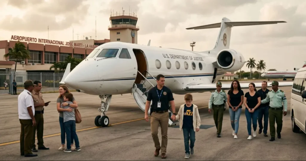 People with blurred faces disembark from a U.S. Department of Justice plane at José Martí International Airport, La Habana.